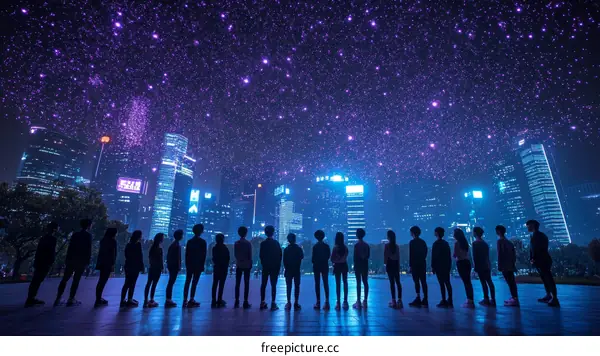 Silhouettes of People Facing the Night Sky Cityscape