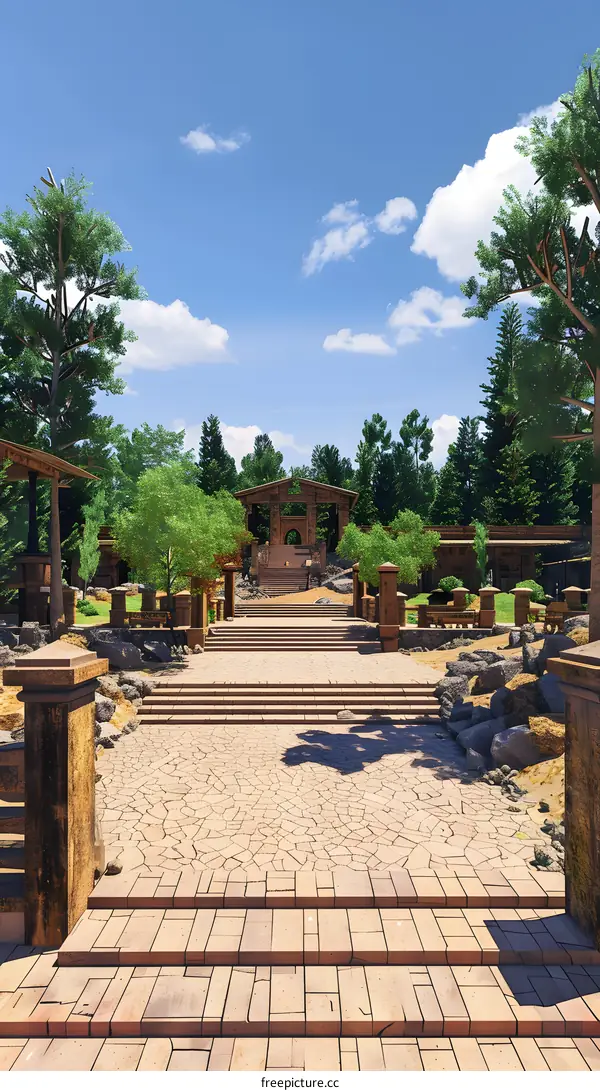 Stone Steps Leading to Ancient Ruins in a Lush Forest