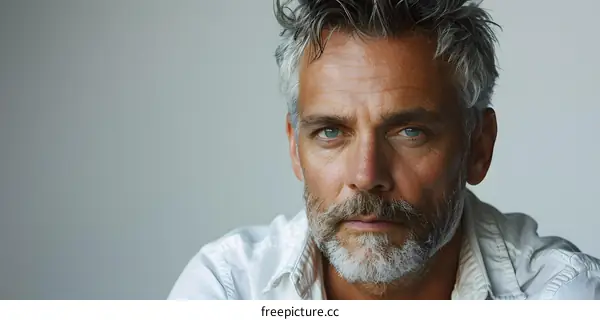 Portrait of a Handsome Man with a Grey Beard and Blue Eyes
