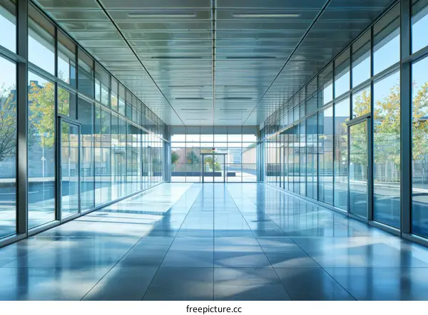 Modern empty glass office building interior with tiled floor and large windows