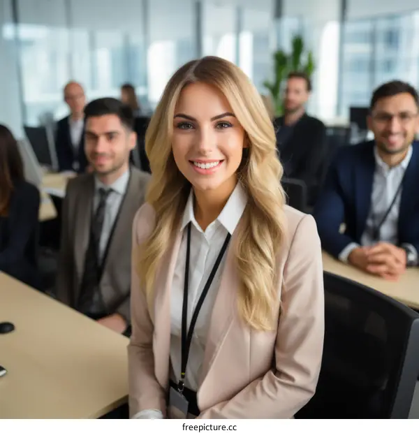 Confident businesswoman with colleagues in background