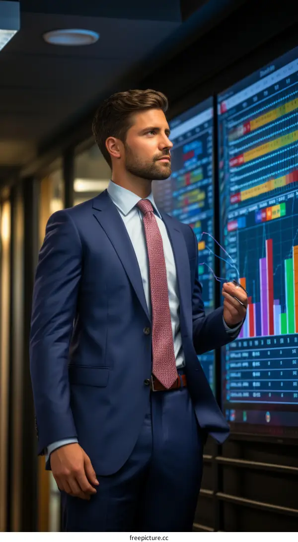 Confident businessman in a suit looking at a stock market display
