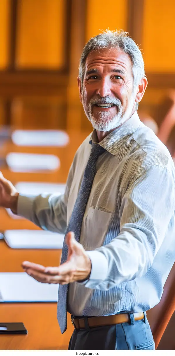 Smiling Businessman Welcoming with Open Arms in Office Meeting
