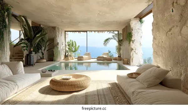 A stunning modern living space with a pool and a view of the ocean