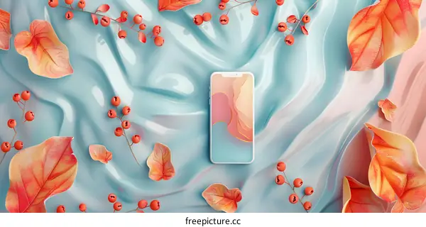 Abstract Phone Mockup With Autumn Leaves On Blue And Pink Background