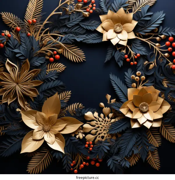 Blue and gold paper flower wreath