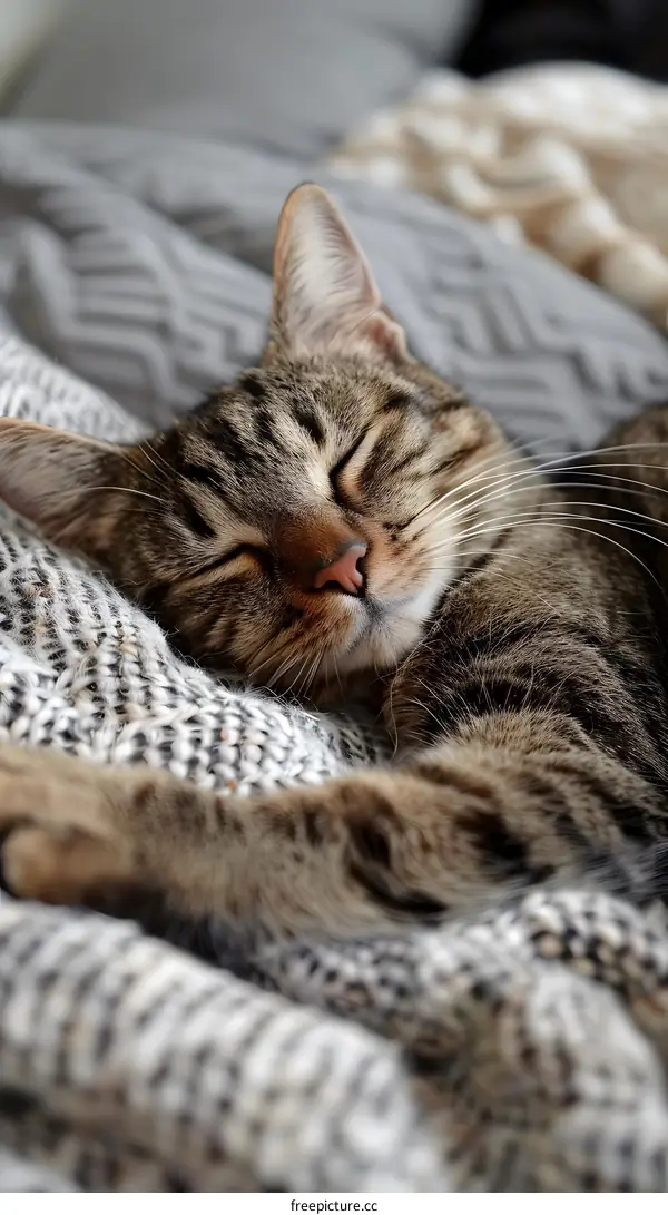 A ginger cat sleeping on a gray blanket