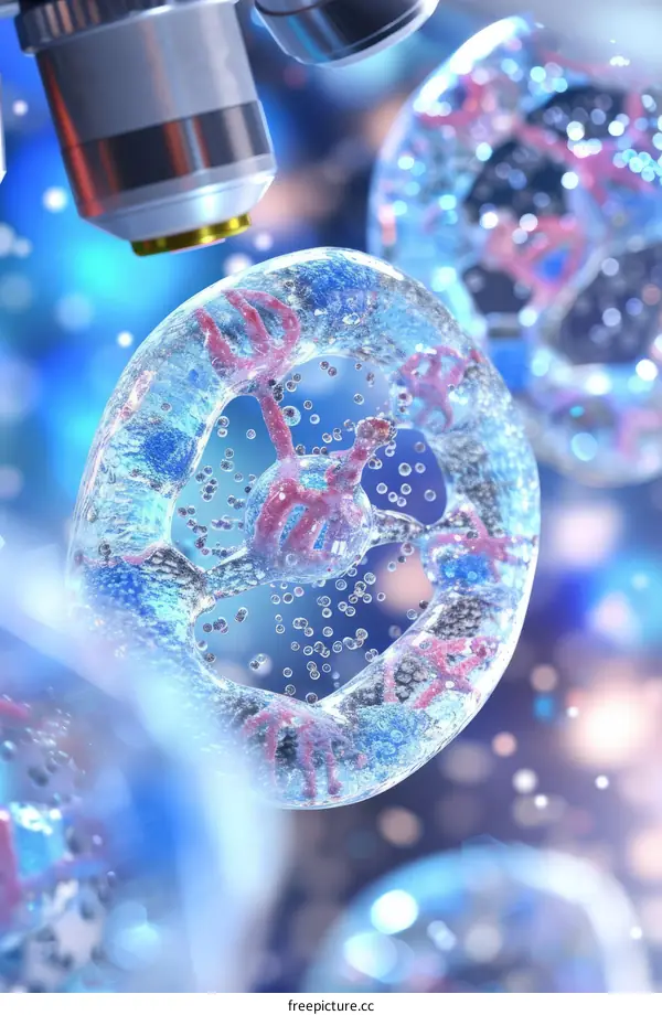 3D illustration of a cell with nucleus and endoplasmic reticulum