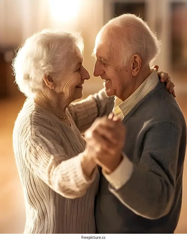 Senior Couple Dancing Closely With Love In Their Eyes