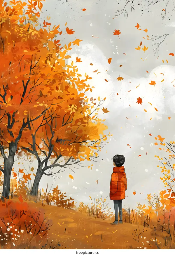 boy looking at the maple leaves falling in autumn