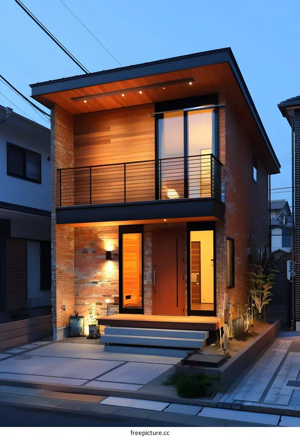 Modern Two Story Brick House with Wooden Accents and Balcony