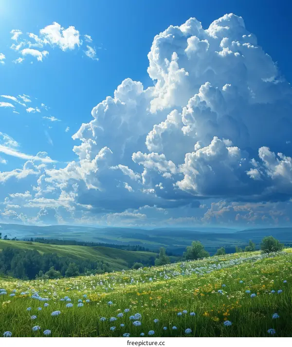 Wildflowers in Bloom on Vibrant Green Slopes Under a Clear Blue Sky