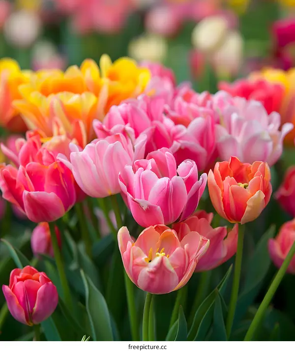 Closeup of Pink and Yellow Tulips in a Garden