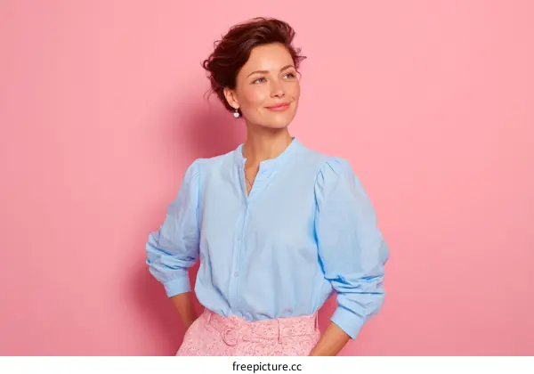 Woman in light blue shirt against pink background