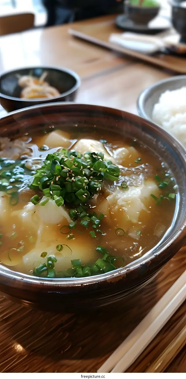 A bowl of Japanese udon noodles with green onion