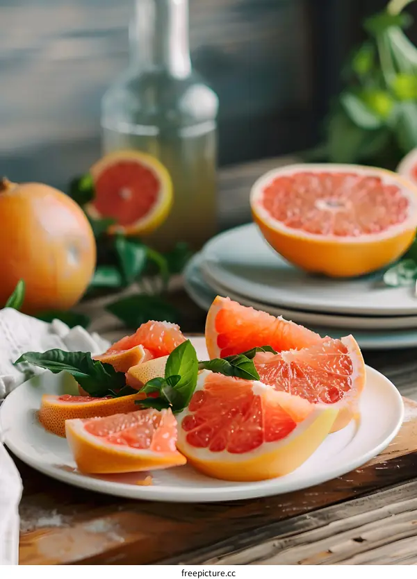 Fresh Grapefruit Slices on a Plate with Green Leaves