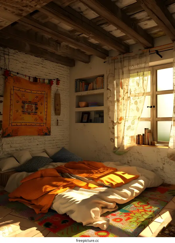 Cozy Bedroom With Wooden Beams And A Rug