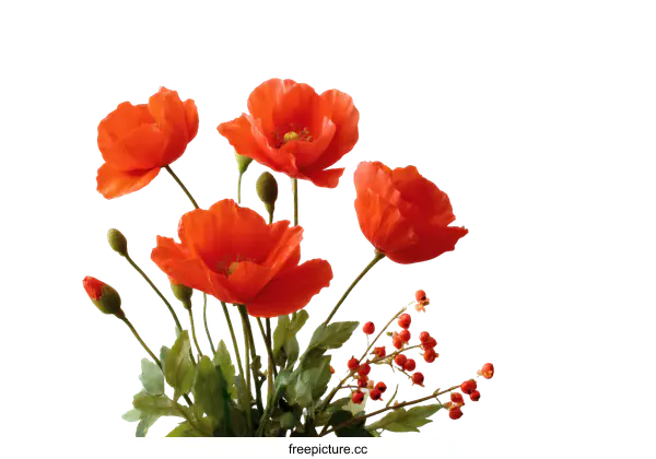 [Transparent Background PNG]Beautiful Red Poppy Bouquet on White Background