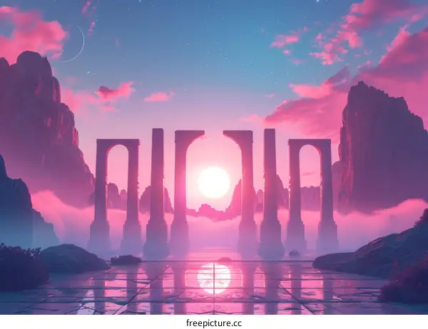 Ancient Ruins in a Fantasy Landscape with Pink Sky