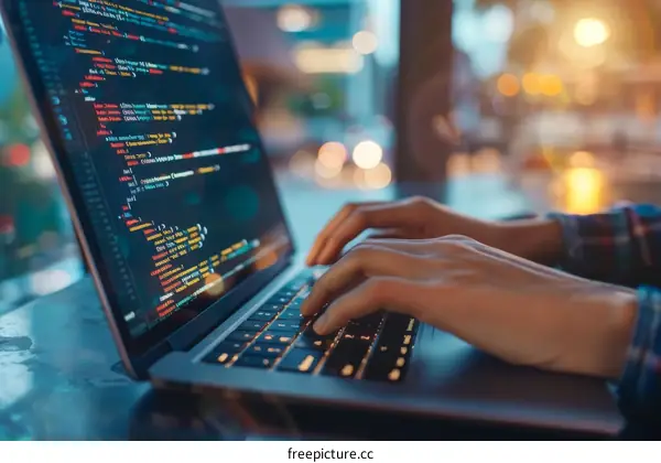 A software developer working on a new project in a dimly lit room