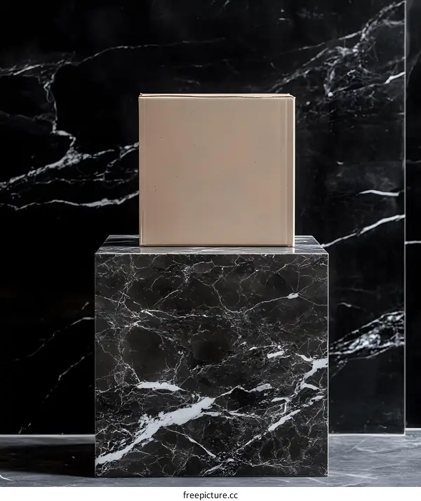 Brown Cardboard Box On Black Marble Platform