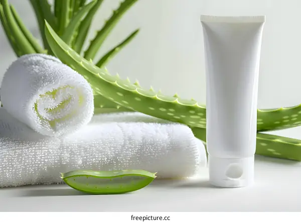 Aloe Vera Plant With White Towels and Tube of Cream
