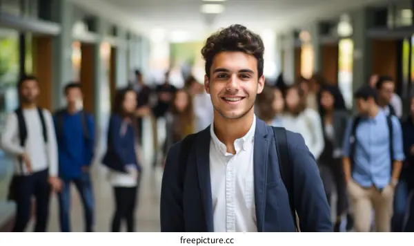 Confident male college student in university hallway