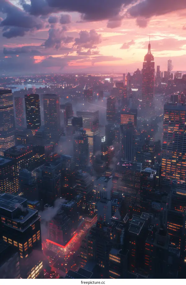 Aerial View of a City at Dusk