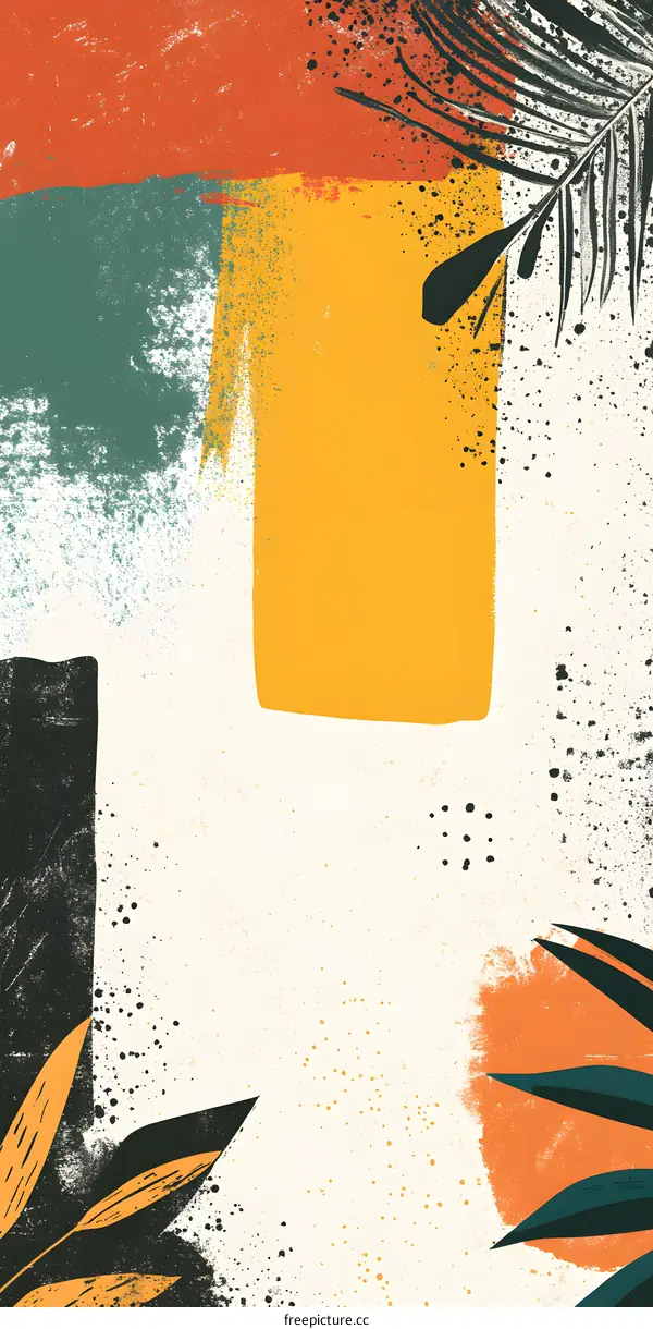 Abstract Art Background with Tropical Leaves and Colorful Shapes