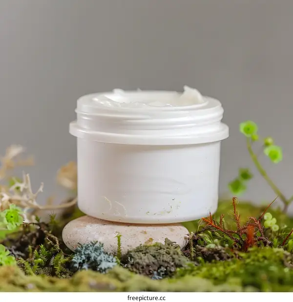 White Cream Jar on Moss and Stone Background