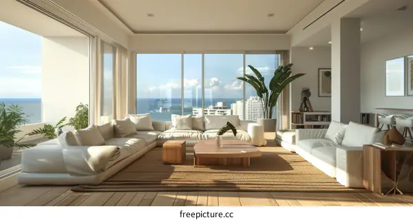 Bright and Airy Living Room With Modern Furnishings and Tropical Plants