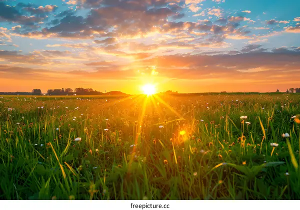 Sunrise over a field of wildflowers