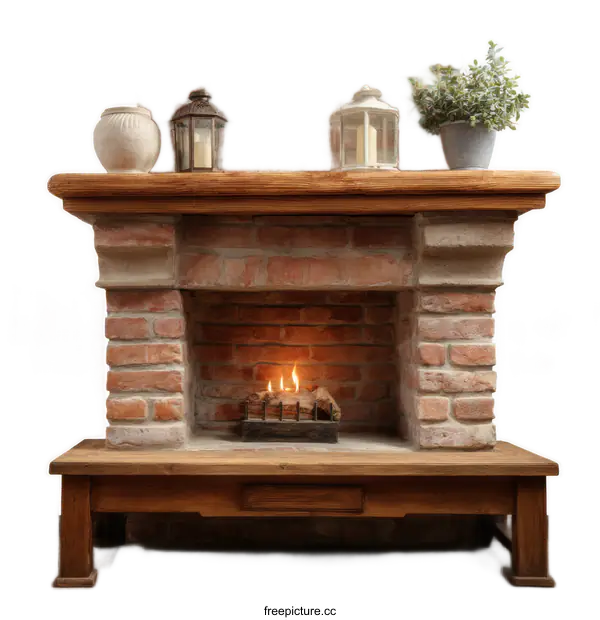 [Transparent Background PNG]Rustic Brick Fireplace with Wooden Mantelpiece