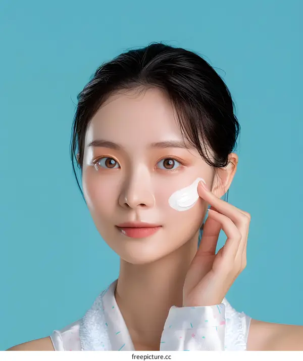 Young Asian Woman Applying Face Cream on Blue Background