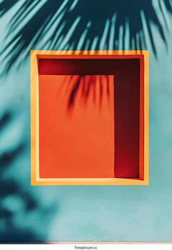 Blue and Orange Wall with Palm Tree Shadow