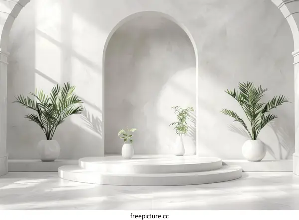Minimalist white arch podium with plants