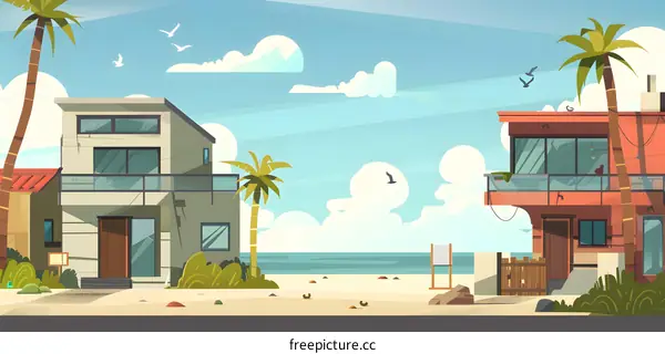 Illustration of Beach Houses with Palm Trees
