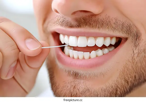 Close-up Dental Flossing Man Caucasian