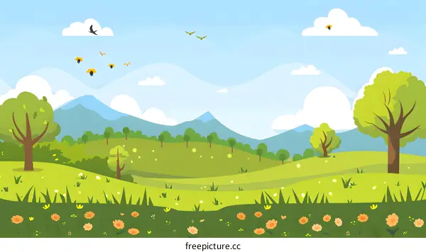 Cartoon Green Grass Field Landscape With Trees And Mountains Illustration
