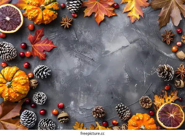 Autumn Thanksgiving Background With Pumpkins, Leaves and Pine Cones