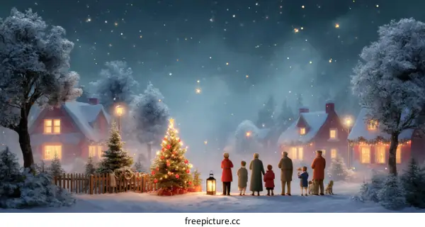 Snowy Christmas Evening Family Scene