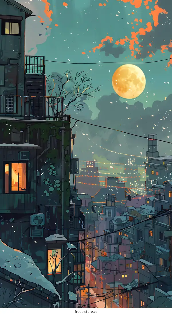 Night Cityscape with Full Moon and Snow