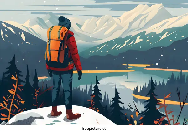 Winter Mountain Landscape with a Backpacker