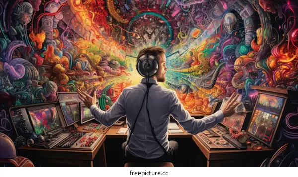 Man controls the colorful psychedelic world