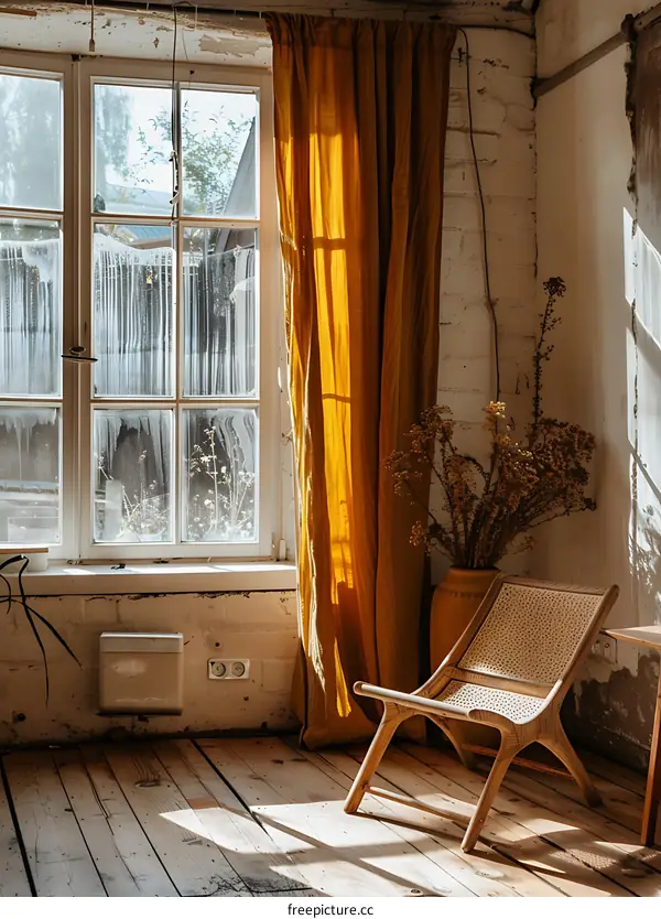 Wooden Chair with Yellow Curtains Near Window