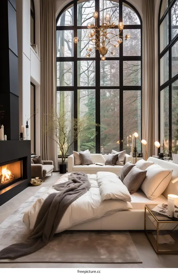 Modern Living Room with Fireplace and Floor-to-Ceiling Windows