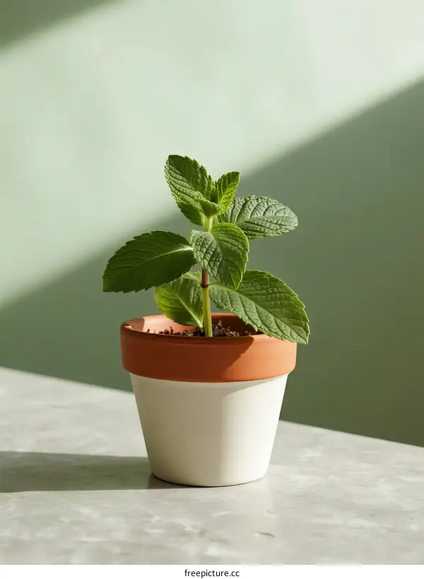 Fresh green mint plant in terracotta and white pot