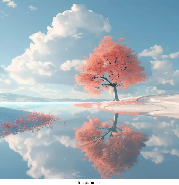 Serene Desert Oasis with Lone Pink Tree
