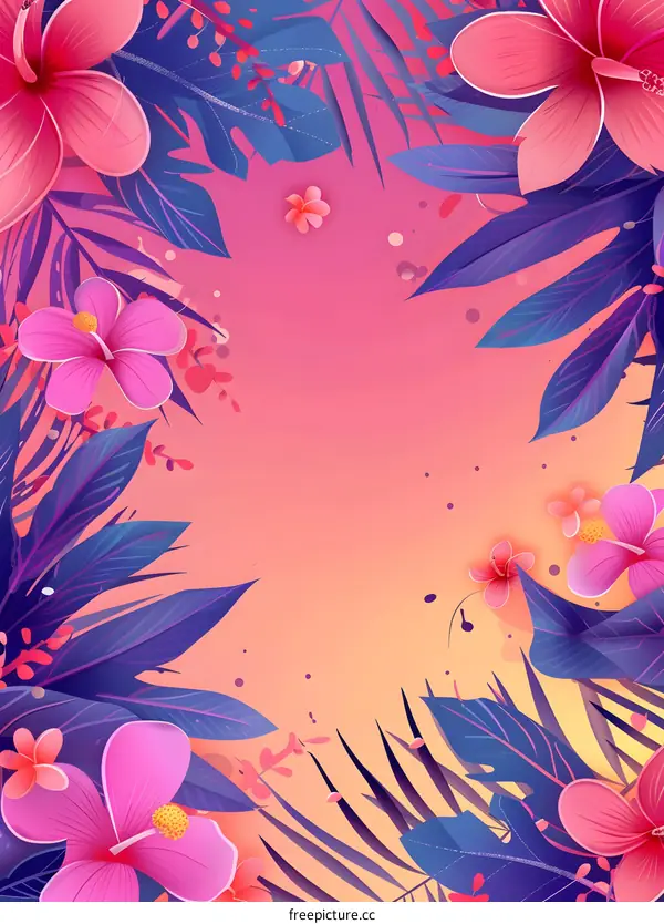Tropical Floral Border with Pink and Purple Flowers
