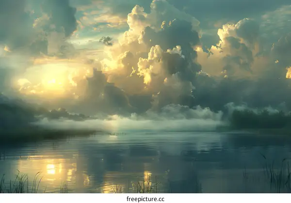 Mystical lake and cloudscape with a hint of sunlight